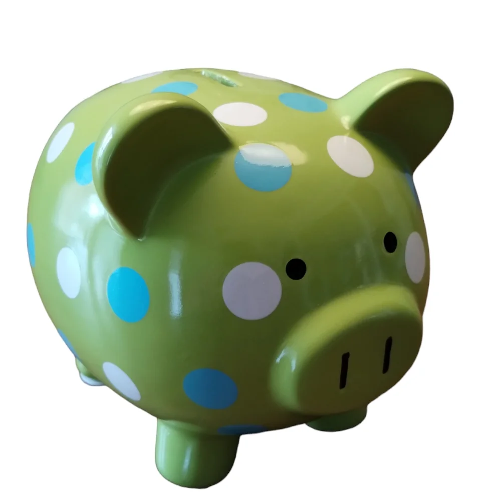 Target Ceramic Piggy Bank Green with Blue & White Polka Dots Collectible